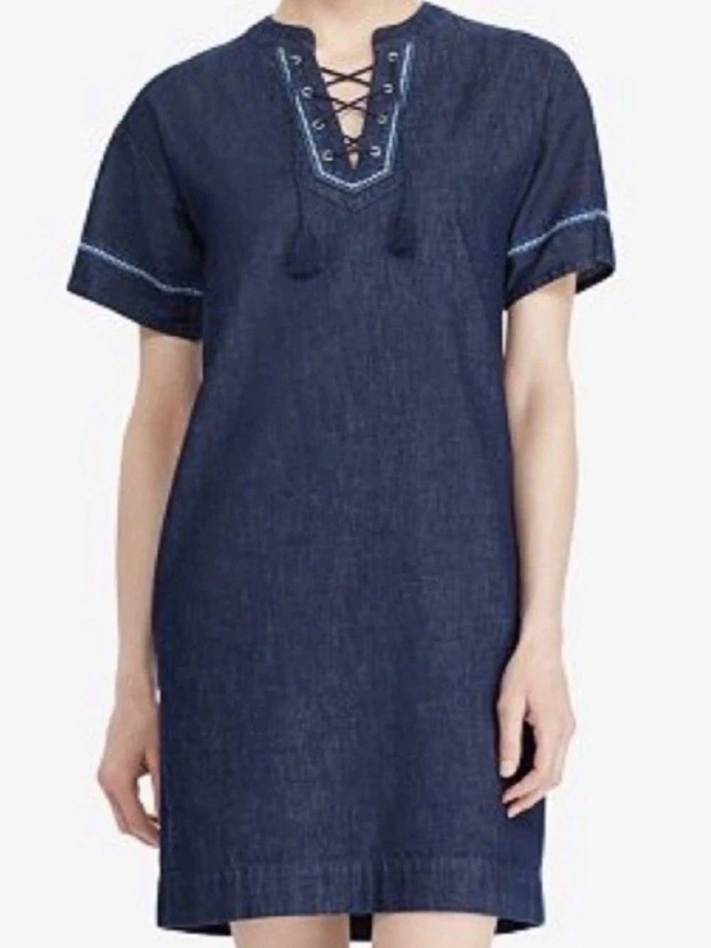Lauren Ralph Lauren Dark Blue Denim Lace-Up Short Sleeve Dress Women's 22W
